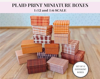 MINIATURE BOXES with lid, fall plaid print, dollhouse printable kit, 6th and 12th scale
