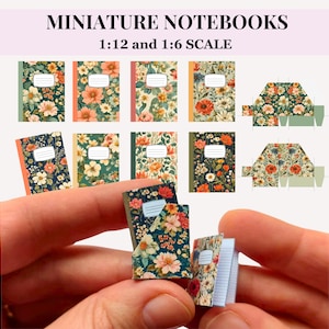 May include: A set of miniature floral patterned notebooks in 1:12 and 1:6 scale. The notebooks are shown in a hand holding them, and also laid out flat on a white background.
