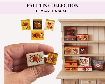 VINTAGE TIN BOXES– 12 Fall Floral Designs, dollhouse miniatures, 12th and 6th scale printable