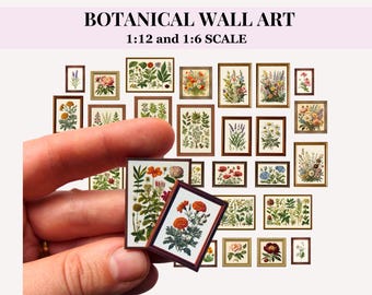 BOTANICAL WALL ART, 30 printable dollhouse miniatures paintings, framed and unframed, vintage eclectic style