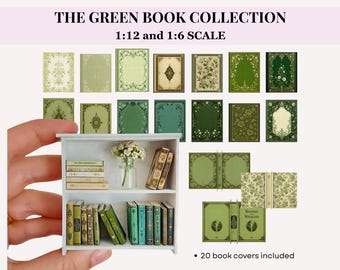 Miniatur Buchumschläge, Vintage Green Kollektion, Puppenhaus Printables 1:12 und 1∶6