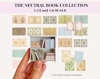 Copertine di libri in miniatura, colori neutri vintage, stampabili per case delle bambole in scala 1:12 e 1:6