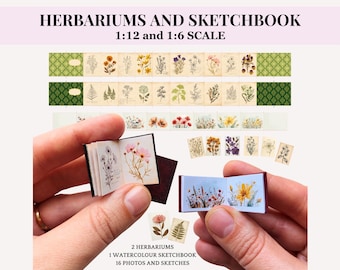 HERBARIUMS AND SKETCHBOOK set- Printable Dollhouse Miniatures, vintage style botanical kit