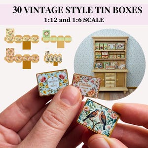 May include: Miniature vintage-style tin boxes with floral and bird designs. The image shows a collection of 30 boxes, some assembled and some flat, with the text "30 VINTAGE STYLE TIN BOXES 1:12 and 1:6 SCALE". The boxes are held in a hand.