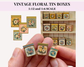 VINTAGE TIN BOXES– 12 Floral Designs, dollhouse miniatures, 12th and 6th scale