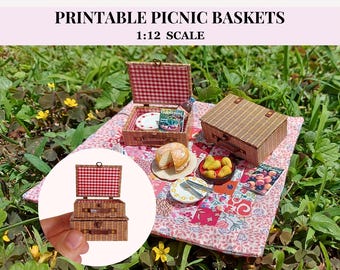 AFDRUKBARE PICKNICKMAND, 1:12 poppenhuisminiatuur te openen rieten manden, set van 2