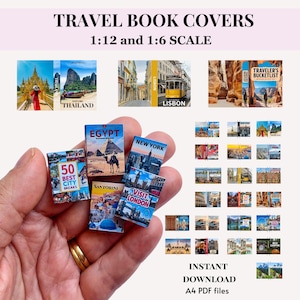 21 Miniature Travel Book covers, Printable dollhouse DIY set, 6th and 12th scale INSTANT DOWNLOAD