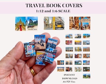 MINIATURE TRAVEL BOOK covers, printable dollhouse library 6th and 12th scale, instant pdf download
