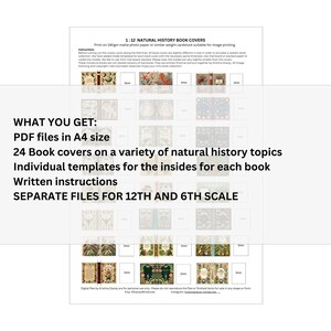 Puede incluir: Una descarga PDF imprimible para 24 cubiertas de libros sobre una variedad de temas de historia natural. Las cubiertas son de estilo vintage con ilustraciones de plantas y animales. La descarga tambi&eacute;n incluye plantillas para el interior de cada libro e instrucciones escritas. Los archivos est&aacute;n disponibles en escala 12 y 6.