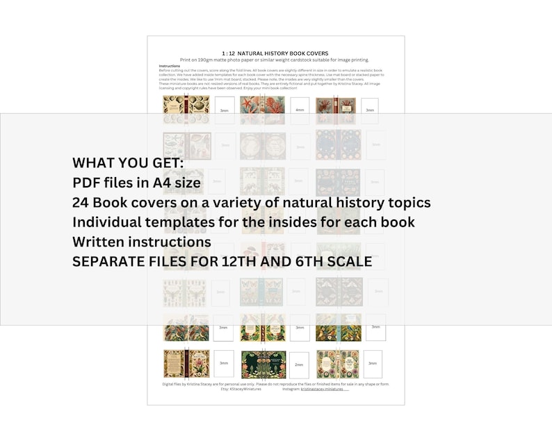 Puede incluir: Una descarga PDF imprimible para 24 cubiertas de libros sobre una variedad de temas de historia natural. Las cubiertas son de estilo vintage con ilustraciones de plantas y animales. La descarga tambi&eacute;n incluye plantillas para el interior de cada libro e instrucciones escritas. Los archivos est&aacute;n disponibles en escala 12 y 6.