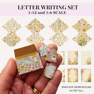 Juego de escritura de cartas con sobres y papel de escribir - Kit de bricolaje imprimible en miniatura para casa de muñecas