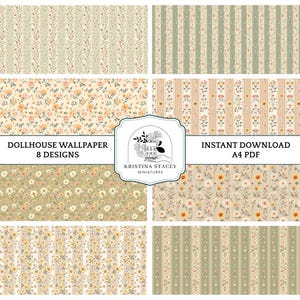 May include: Eight dollhouse wallpaper designs are displayed, showcasing various floral and striped patterns in soft pastel colors. The designs include vertical stripes and floral prints. The text reads "DOLLHOUSE WALLPAPER 8 DESIGNS" and "INSTANT DOWNLOAD A4 PDF".