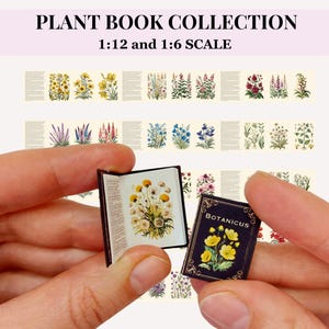 Peut inclure: Deux livres miniatures avec des illustrations florales. Les livres sont ouverts et montrent des dessins détaillés de fleurs. Les livres sont intitulés "Botanicus" et ont une couverture noire.