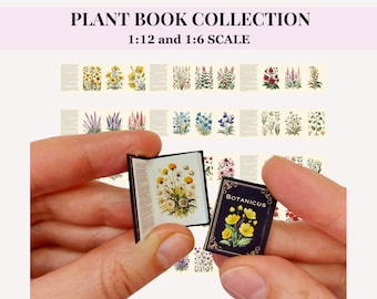 May include: Two miniature books with floral illustrations. The books are open and show detailed drawings of flowers. The books are labeled "Botanicus" and have a black cover.