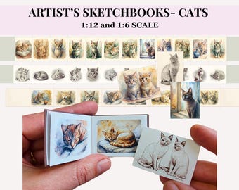 Miniature stampabili per casa delle bambole: set di schizzi e illustrazioni a tema gatto.