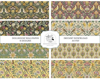 PRINTABLE DOLLHOUSE WALLPAPER, 8 Arts and Crafts birds and flowers, 1:12 scale miniature