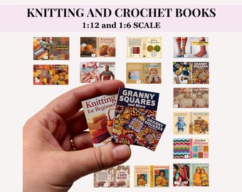 Capas de livros retrô em miniatura para tricô e crochê, livros de artesanato imprimíveis em escala 1/12 e 1/6.