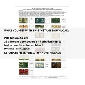 Puede incluir: Una descarga digital con 22 portadas de libros sobre temas de herborister&iacute;a. La imagen incluye el texto "1:12 Herbalist Book Covers Vol 1" y "Lo que obtienes con esta descarga instant&aacute;nea: archivos PDF en tama&ntilde;o A4, plantillas interiores para cada libro, instrucciones escritas, archivos separados para escalas 12 y 6."