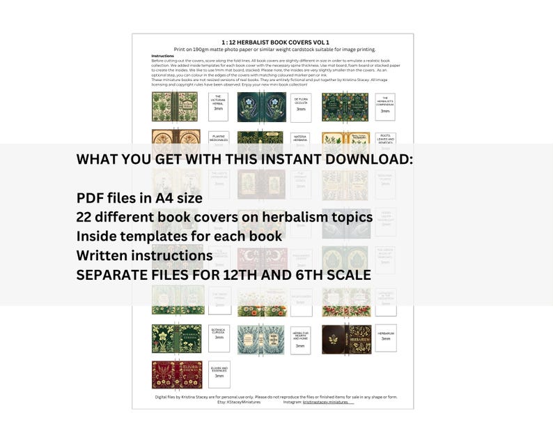 Puede incluir: Una descarga digital con 22 portadas de libros sobre temas de herborister&iacute;a. La imagen incluye el texto "1:12 Herbalist Book Covers Vol 1" y "Lo que obtienes con esta descarga instant&aacute;nea: archivos PDF en tama&ntilde;o A4, plantillas interiores para cada libro, instrucciones escritas, archivos separados para escalas 12 y 6."