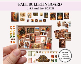 FALL MINIATURE DECOR, Bulletin Board Kit, printable dollhouse miniature in 12th and 6th scale