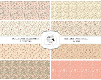 PRINTABLE MINIATURE WALLPAPER, Dollhouse Decor, 8 floral designs in 1:12 scale, No.02