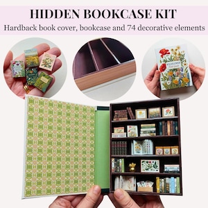 May include: A miniature hidden bookcase kit, including a hardback book cover, bookcase, and 74 decorative elements. The bookcase is filled with tiny books, framed pictures, and decorative items. The book cover is green and patterned with a floral design.