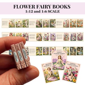 May include: Miniature books with the title "Flower Fairy Books" in 1:12 and 1:6 scale. The books are pink with floral designs and titles like "Forest Flower Fairies" and "Garden Flower Fairies". The image also shows illustrations of fairies.