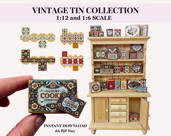Printable Dollhouse Miniature Vintage Tin Boxes – 30 Designs, Instant download, 12th and 6th scale