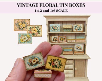 BOÎTES EN ÉTAIN VINTAGE - 16 motifs floraux, miniatures de maisons de poupée, échelles 12e et 6e