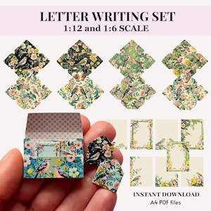 Juego de escritura de cartas con sobres y papel de escribir - Kit de bricolaje imprimible en miniatura para casa de muñecas, estampado de pájaro