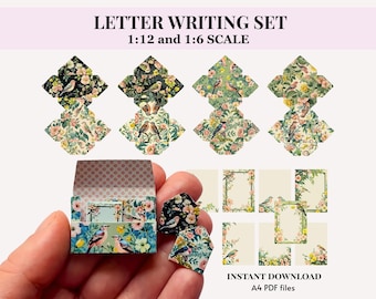 Briefschrijfset met enveloppen en briefpapier - Poppenhuisminiatuur PRINTBAAR DIY KIT, vogelprint
