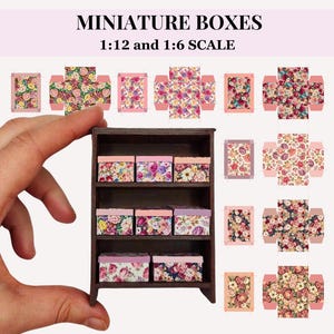 Rosa Blumen druckbare Puppenhaus Miniatur Aufbewahrungsboxen, 12. und 6.Skala