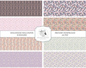 PRINTABLE MINIATURE WALLPAPER, Dollhouse Decor, 8 floral designs in 1:12 scale, No.05