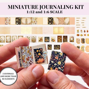 May include: Miniature journaling kit with floral and pumpkin designs. The kit includes two journals and over 80 elements. The text on the image reads "MINIATURE JOURNALING KIT 1:12 and 1:6 SCALE" and "2 JOURNALS AND MORE THAN 80 ELEMENTS."