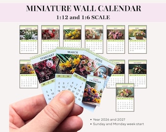 FLORAL WALL CALENDAR 2026-2027, printable dollhouse miniature, tiny decor