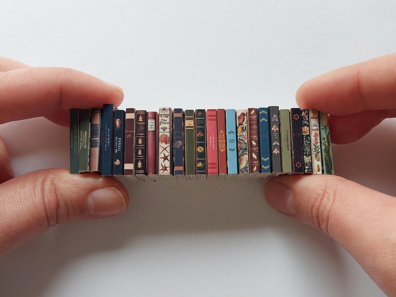 Puede incluir: Una colecci&oacute;n de libros en miniatura con diversas cubiertas de colores, dispuestos en fila y sostenidos entre dos manos.
