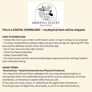 May include: A digital download information card featuring the Kristina Stacey Miniatures logo with a house illustration and floral accents. The text outlines instructions for downloading files and specifies usage terms for personal and small commercial use.