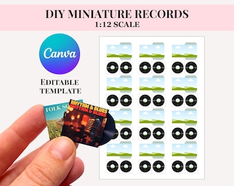 Disques vinyles et pochettes d'albums à l'échelle 12, miniatures pour maisons de poupées, modèle CANVA MODIFIABLE, bricolage