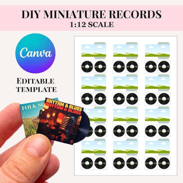 12th Scale Vinyl Records and Album covers, Dollhouse Miniatures, EDITABLE CANVA TEMPLATE, diy