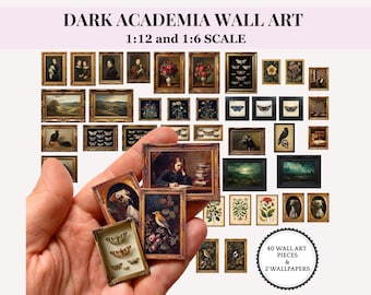 DARK ACADEMIA SET, miniature wall art and wallpaper in 12th & 6th Scale, pdf download