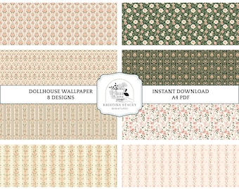 DOLLHOUSE MINIATURE WALLPAPER, Dollhouse Decor, 8 floral designs in 1:12 scale, No.11