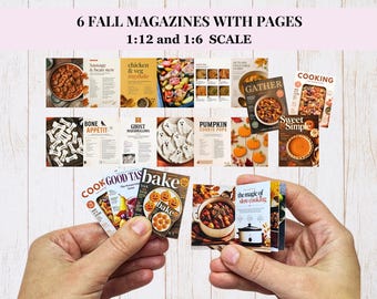 CZASOPISMA O ŻYWNOŚCI ze STRONAMI dla domku dla lalek – 6 miniaturowych magazynów kulinarnych o tematyce jesiennej