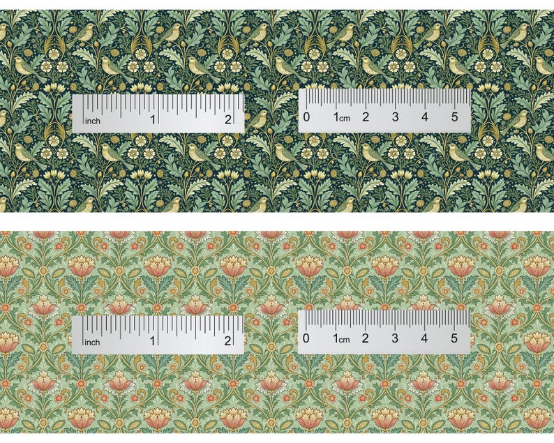 Botanical Ruler PRINTABLE DOLLHOUSE WALLPAPER, 8 Arts and Crafts Birds and Flowers, 1: ...