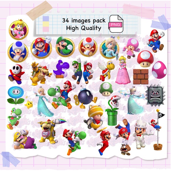 DESCARGA INSTANTÁNEA, paquete 34 imágenes Mario, diseños de sublimación, imágenes png, pegatinas digitales, imágenes para candy bar