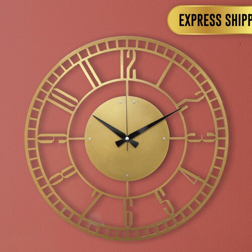 Metal Large Wall Clock Gold Country Silent Oversize Clock Etsy