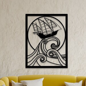 Ship and Wave Metal Wall Art,Ship on Waves Metal Wall Decor, Boho Home Decor, Above Bed Decor, Large Wall Art, Housewarming Gift, Yacht Deco