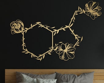 Arte della parete del metallo della serotonina, molecola di serotonina fiorita, simbolo della felicità arte della parete, arredamento domestico unico, regalo di inaugurazione della casa, decorazione sopra il letto, segno