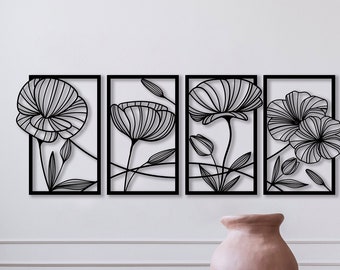 Poppy Flowers 4 Panels, Metal Flower Wall Art, Metal Wall Decor, 4 Pieces Wall Hangings, Metal Wall Art, Home Decoration, Tree Decor