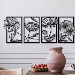 Poppy Flowers 4 Panels, Metal Flower Wall Art, Metal Wall Decor, 4 Pieces Wall Hangings, Metal Wall Art, Home Decoration, Tree Decor image 1