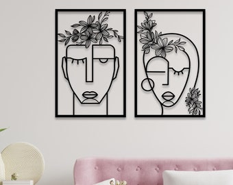 Facce cubiche e fiori set di arte della parete di 2, arte della linea di volti astratti, decorazione della parete del viso delle donne, arte della parete del soggiorno minimale, appendine alla parete in metallo dorato